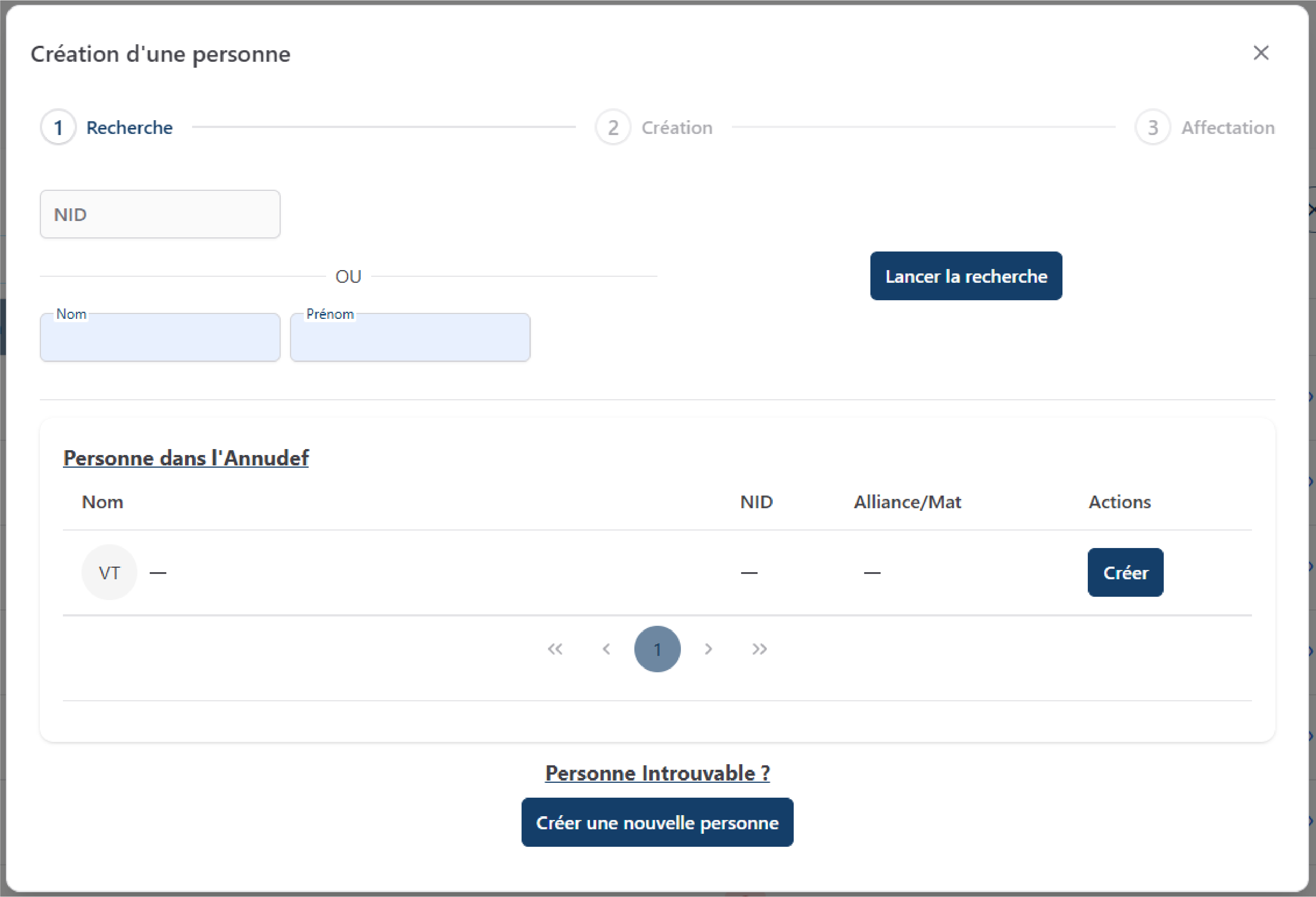 Recherche d'une personne existante dans l'application ou l'annuaire militaire